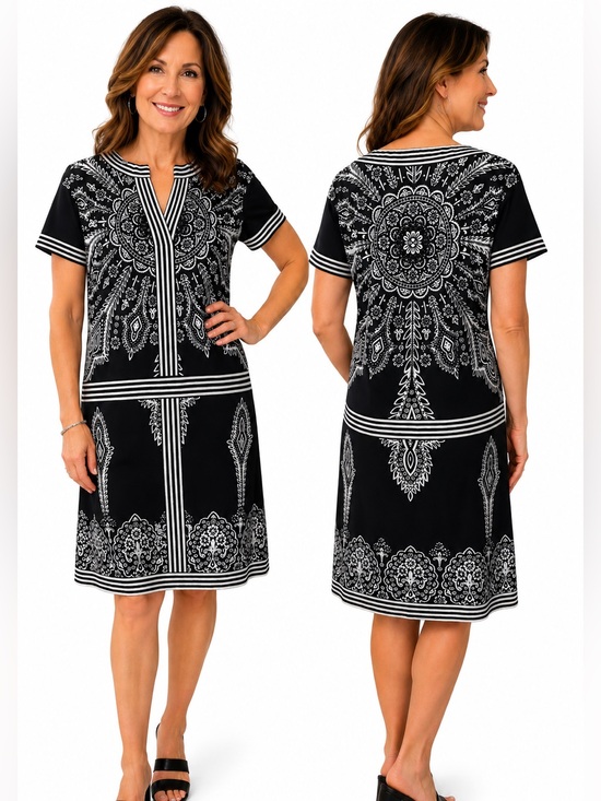 Joseph Dresses & Skirts - Joseph Ribkoff Black White Medallion Print Shift Dress Size 12 Boho‎